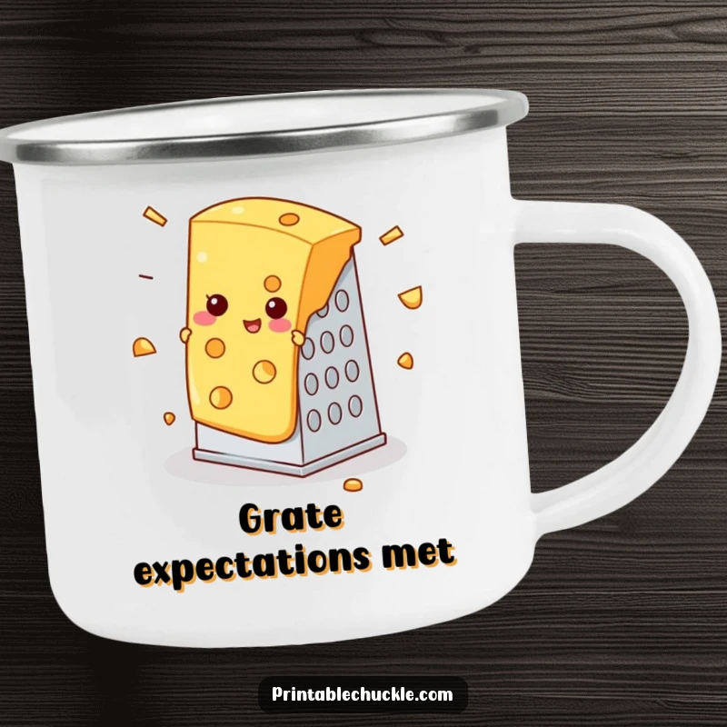 Funny camping mug with a slice of cheese comically stuck in a cheese grater, durable funny gift.