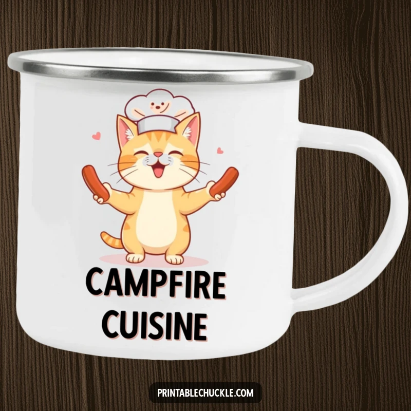 Funny camping mug showing a cat chef hilariously juggling spinning hot dogs, great for camp fun and culinary humor.
