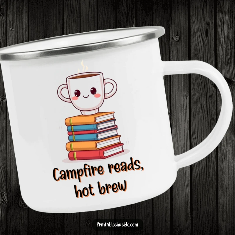 Funny camping mug featuring a smiling coffee cup precariously balancing on a wobbly stack of books, ideal for outdoor readers.