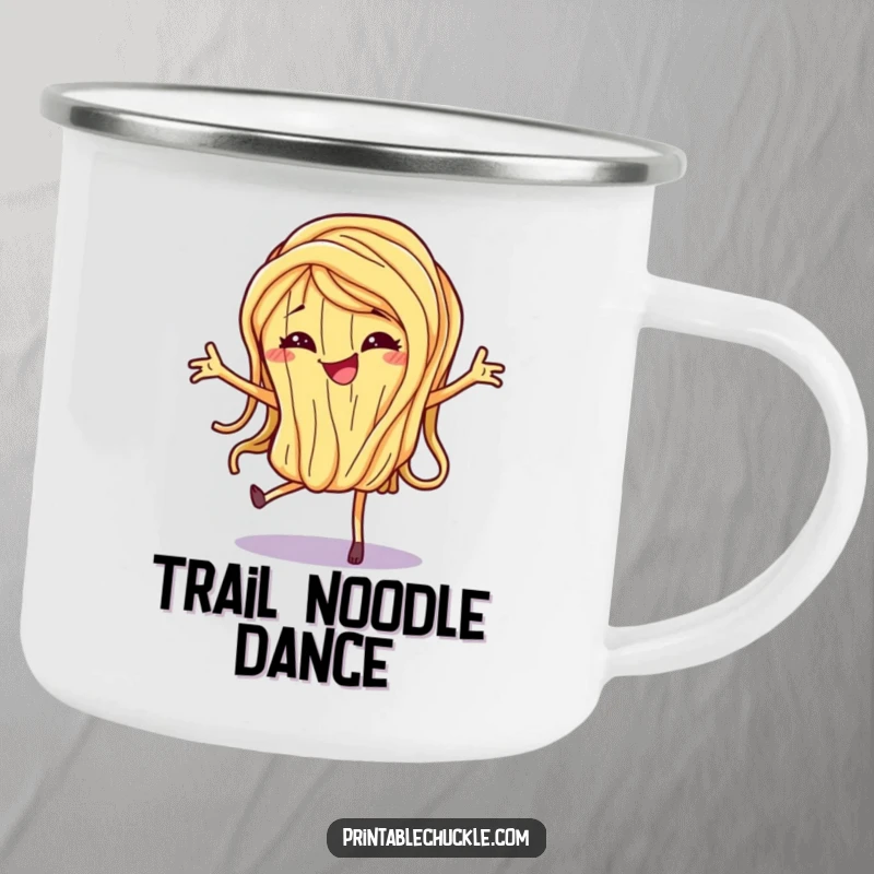 Funny Camping Mug with a dancing spaghetti noodle and a mischievous grin, perfect for enjoying drinks in the wilderness.