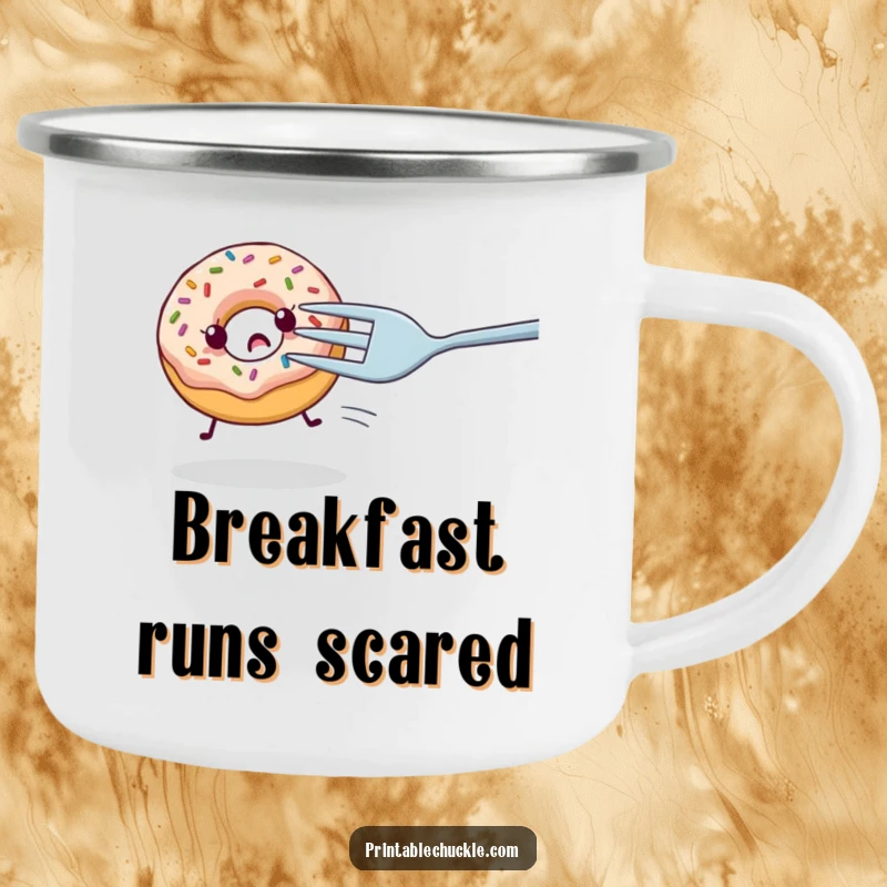 Funny camping mug with a nervous donut with sprinkles being chased by a giant fork, a humorous gift for outdoor lovers.