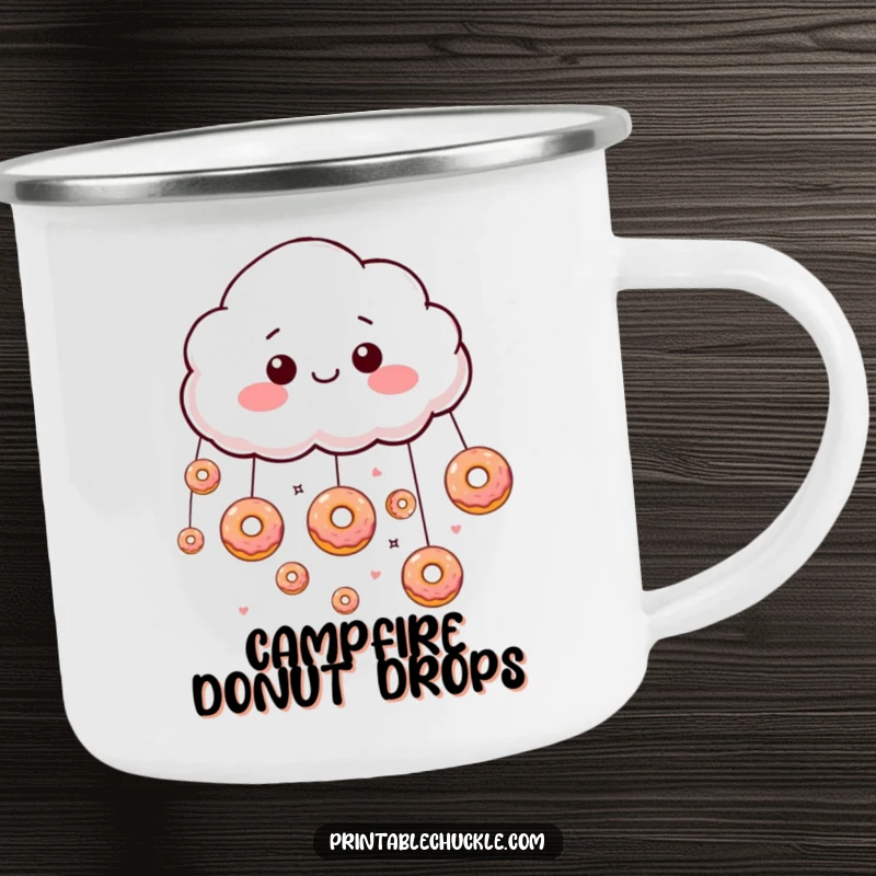 Funny giddy cloud raining floating donuts on a durable camping mug, perfect for sweet outdoor trips.
