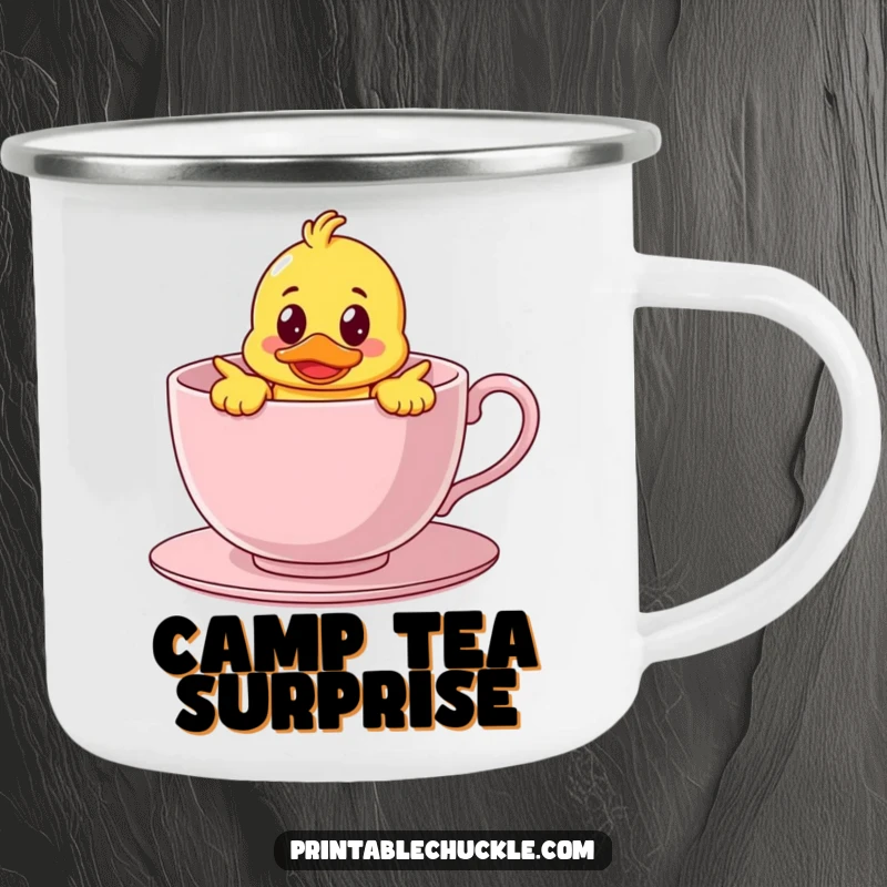 Funny camping mug showing a bewildered rubber duck character hilariously stuck inside a giant teacup, great for camp fun and cute humor.