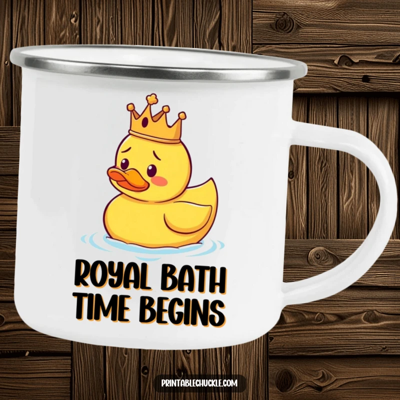 Funny camping mug with a confused crowned rubber duck floating erratically, built for rugged adventures and humorous enjoyment.