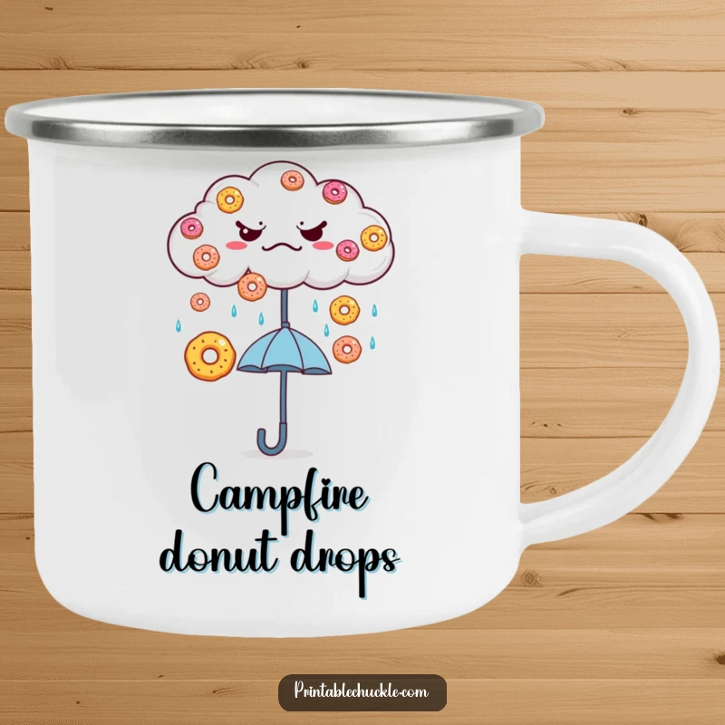 Funny Grumpy Cloud Donut Rain Camping Mug: A grumpy cloud rains donuts onto a happy umbrella, perfect for enjoying drinks outdoors.
