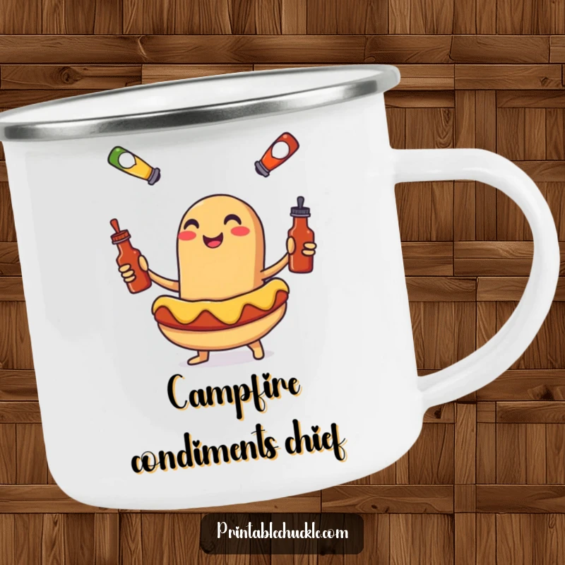 Funny camping mug with a smiling hot dog juggling tiny condiment bottles, a humorous gift for outdoor lovers.
