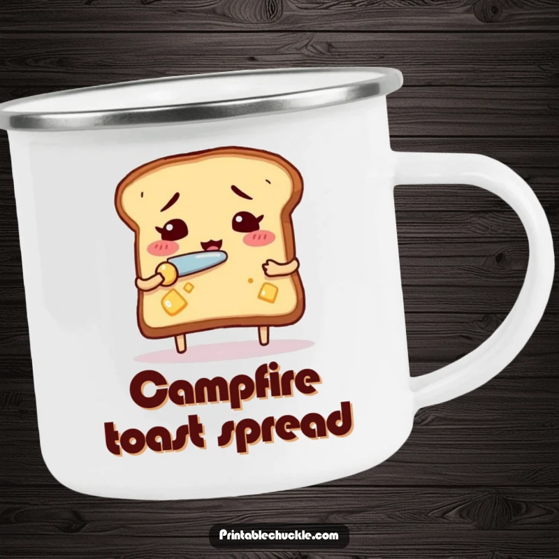 Funny nervous toast camping mug, depicted nervously buttering itself with a tiny knife, ready for outdoor breakfast anxieties.