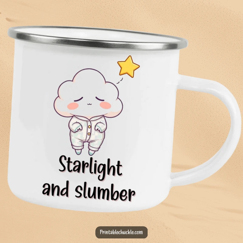 Funny sleepy cloud camping mug, depicted in pajamas trying to catch a falling star, ready for cozy outdoor moments.