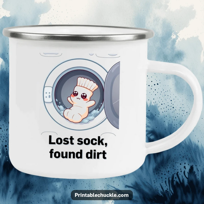 Funny camping mug: a flustered sock with googly eyes tumbling from a washing machine, outdoor humor.