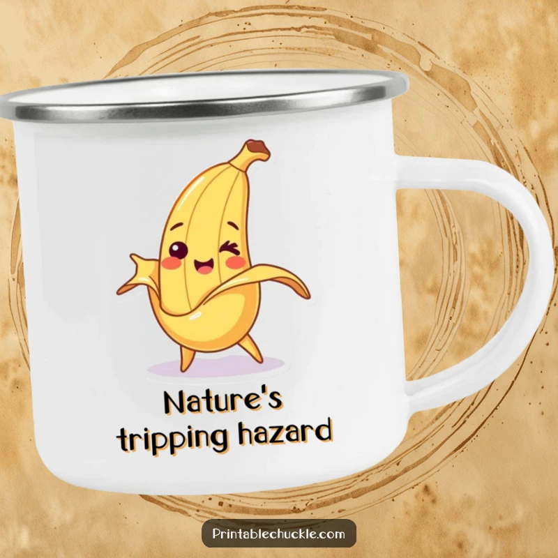Funny camping mug with a smiling banana character tripping over its peel, ready for a cheerful adventure.