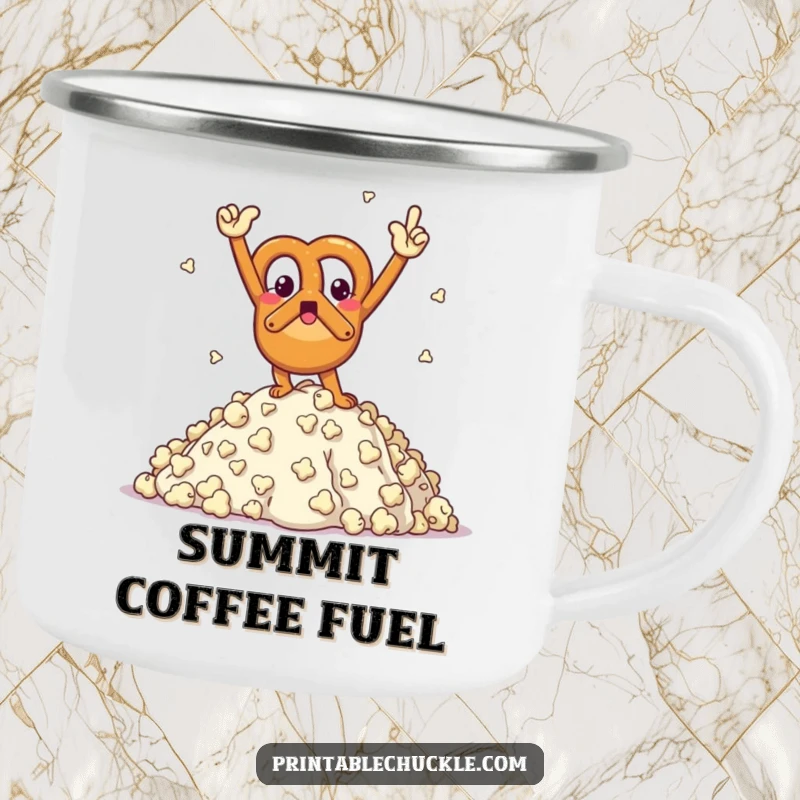Funny camping mug featuring a triumphant pretzel character striking a victory pose on a popcorn mountain, for outdoor wins.