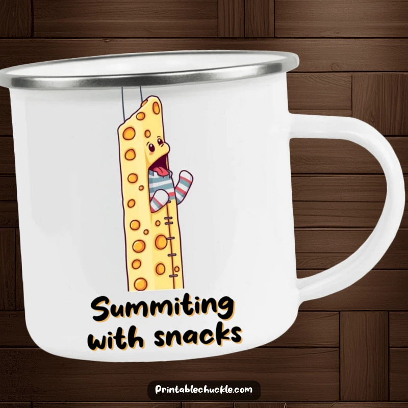 Funny sock puppet camping mug featuring a determined puppet climbing a skyscraper made of cheese for outdoor fun.