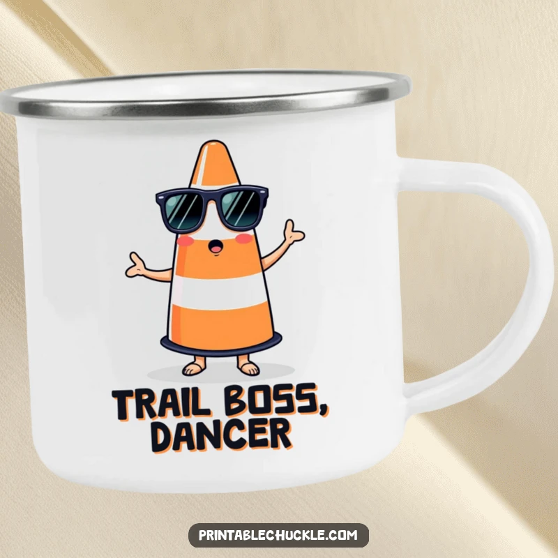 Funny camping mug featuring a bewildered traffic cone in sunglasses attempting salsa, perfect for outdoor fun.