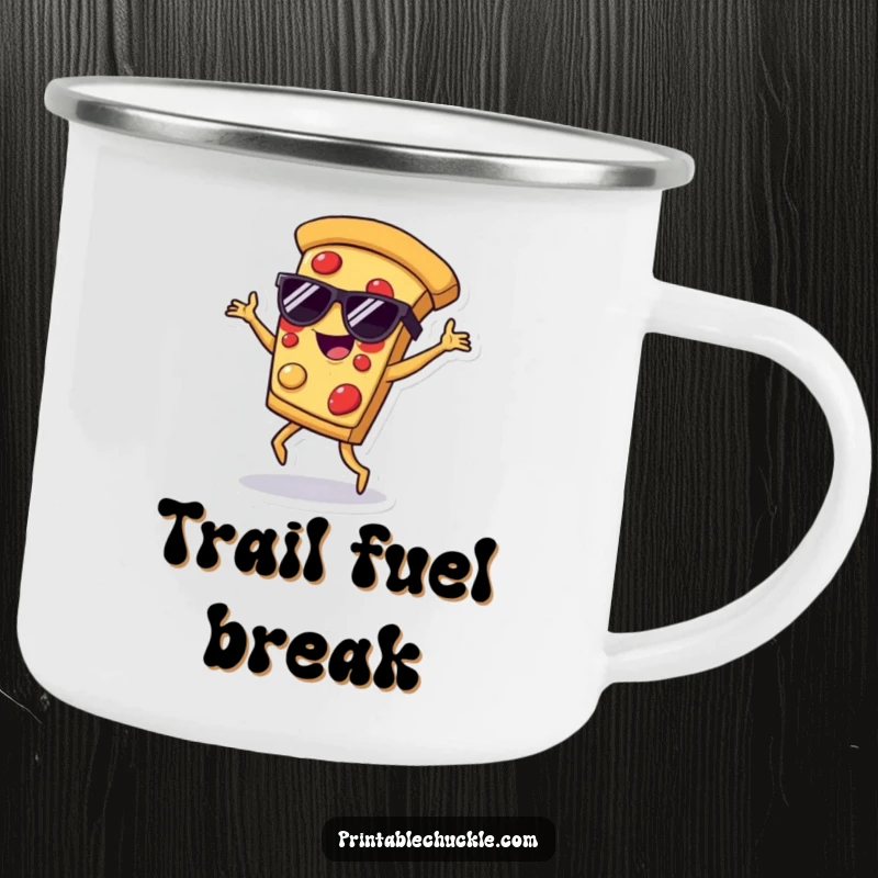 Funny camping mug with a pizza slice wearing sunglasses, breakdancing, perfect for outdoor fun and inspiration.