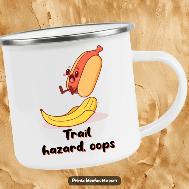 Funny enamel camping mug showing a shocked banana peel sliding under a walking hot dog, ready for campground amusement.