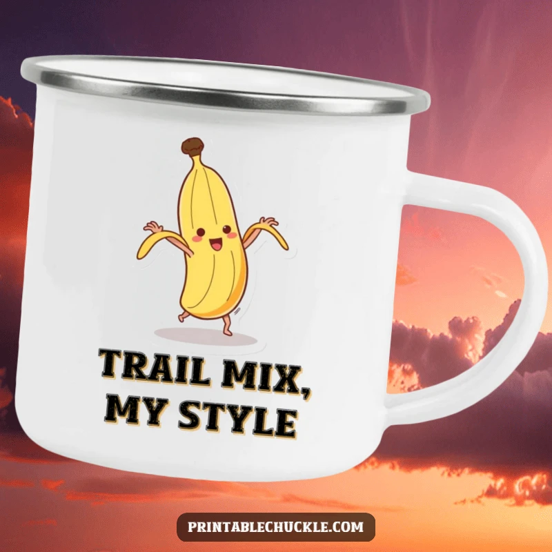 Funny dancing banana camping mug, showing a banana hilariously spinning and peeling itself, ready for outdoor adventures.