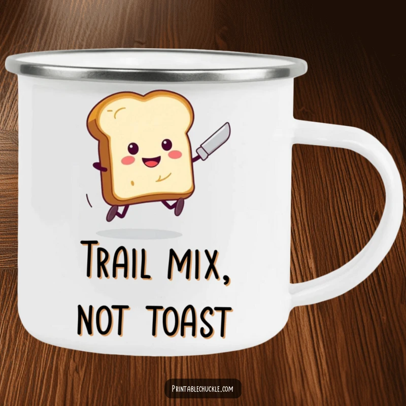 Funny Toast Running Butter Knife Camping Mug: Toast with legs sprints from a butter knife, perfect for enjoying drinks outdoors.