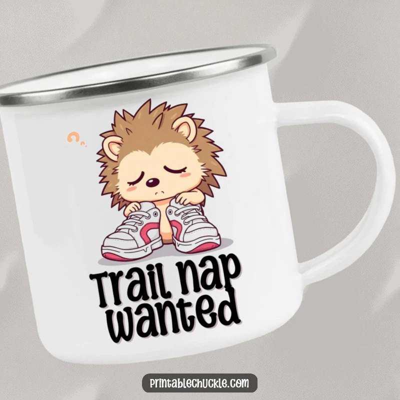 Funny hedgehog camping mug with a sleepy character confusedly trying on oversized sneakers, great for outdoor drinks.