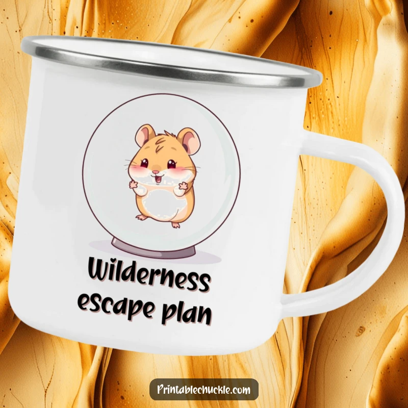 Funny camping mug with a resilient hamster breaking free from its hamster ball, designed for outdoor humor and durability.