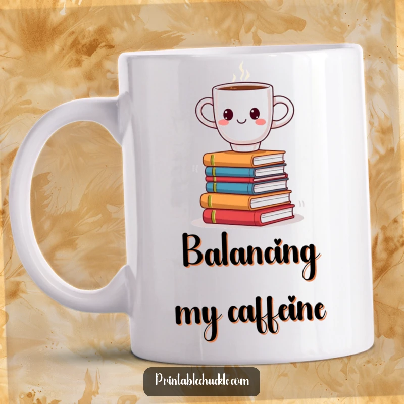 Funny mug with a smiling coffee cup character attempting to balance on a wobbly stack of books, celebrating reading and coffee.