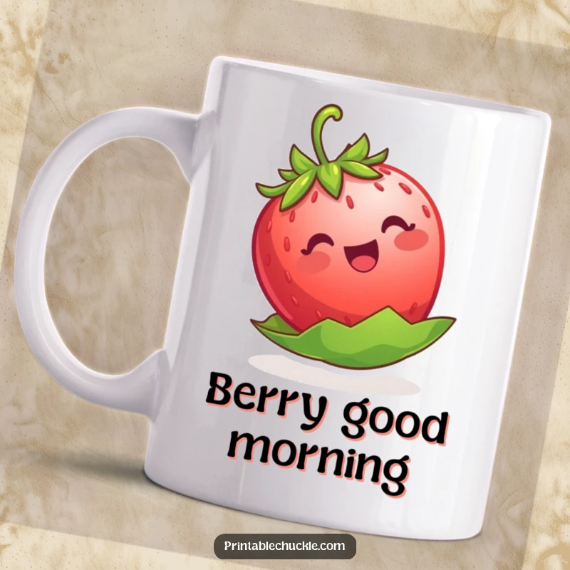 Funny strawberry mug, joyfully attempting to float on its green leaf, a whimsical and cute kitchen accessory.