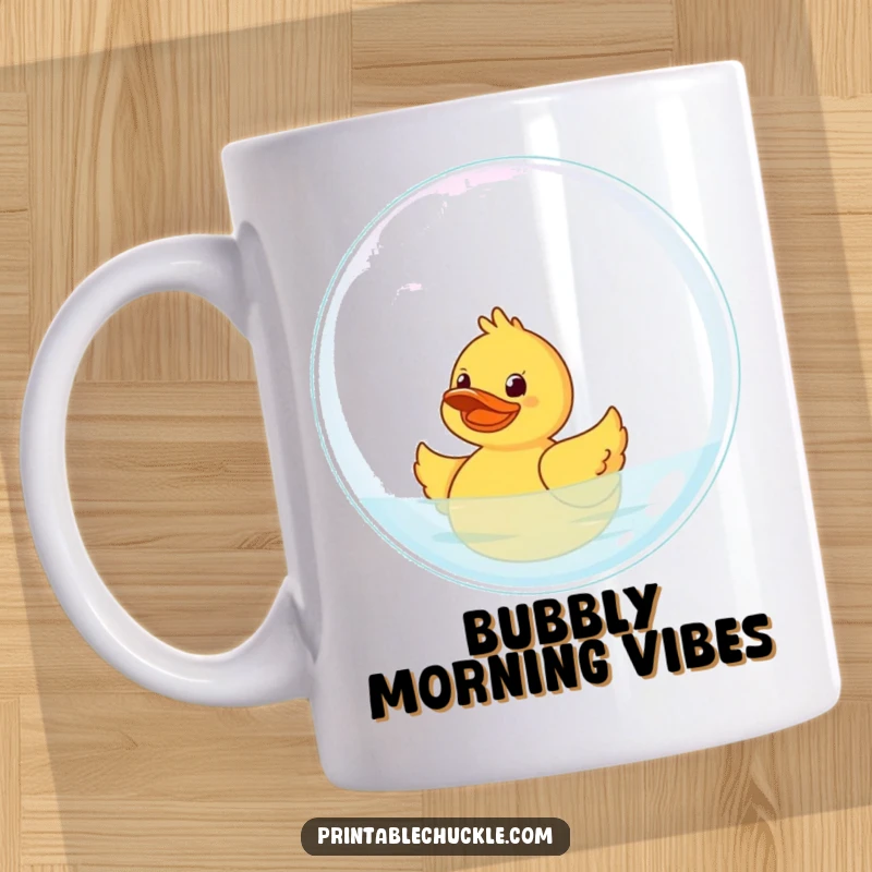 Funny Rubber Duck Mug: A giggling rubber duck joyfully floats on a giant bubble, capturing playful delight.