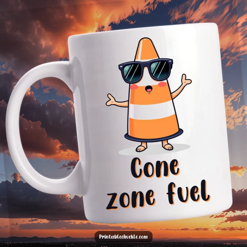 Funny mug depicting a bewildered traffic cone in sunglasses hilariously attempting a salsa dance move.