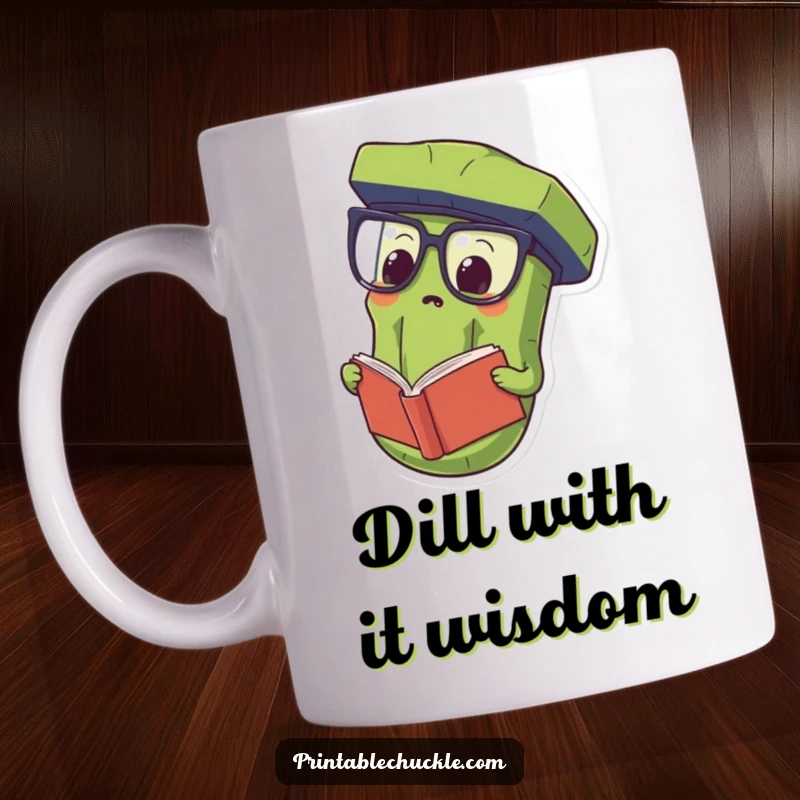 Funny Mug featuring a proud pickle wearing oversized spectacles and reading a book upside down, embodying quirky intellect.