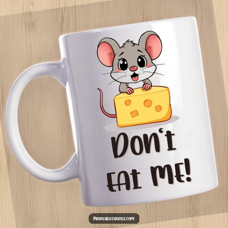 Funny mug showing a startled piece of cheese trying to escape a determined cartoon mouse.