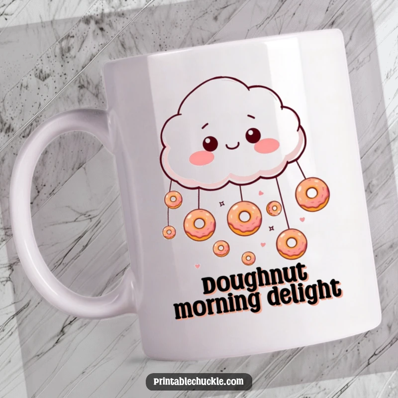 Funny giddy cloud character raining down tiny, floating donuts on a mug, exuding pure joy and sweetness.