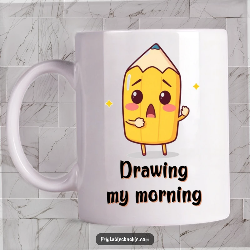 Funny Pencil Mug: A surprised pencil attempts to draw itself with its own point, showcasing self-referential humor.