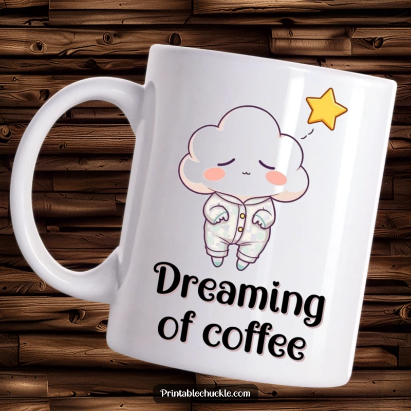 Funny sleepy cloud mug, wearing pajamas and yawning while trying to catch a falling star, a whimsical and cozy scene.
