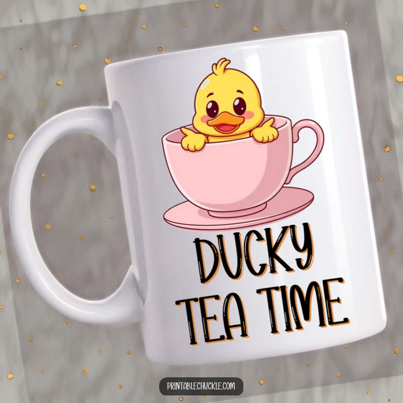 Funny mug featuring a bewildered rubber duck character hilariously stuck inside a giant teacup, evoking cute, bath-time-related humor.