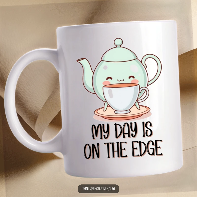 Funny cheerful teapot on legs, hilariously struggling to balance a teacup, on a mug, capturing clumsy charm, a funny gift.