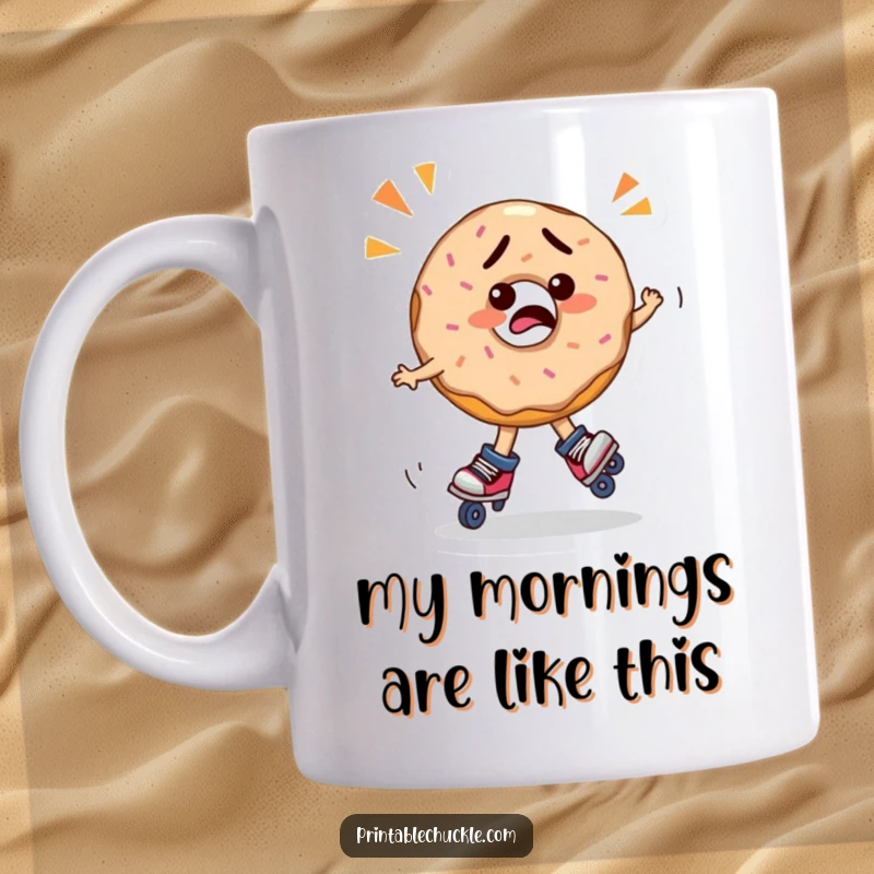 Funny confused donut wearing roller skates, spinning erratically in a comical and chaotic scene, perfect for a funny mug gift.
