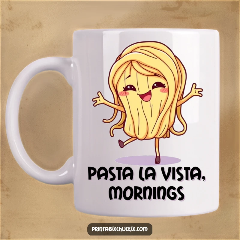 Funny Mug featuring a dancing spaghetti noodle with a mischievous grin, celebrating the joy of pasta and fun.