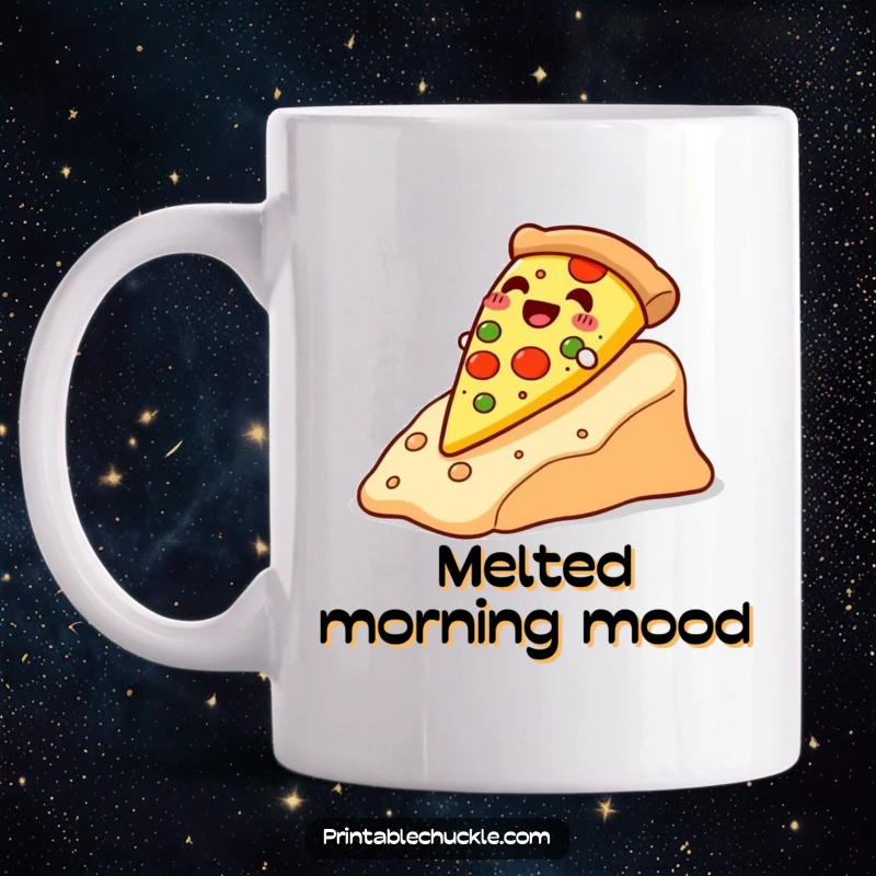 Funny happy pizza slice sliding down a cheese slope, looking delighted, on a mug, a perfect funny gift for foodies.