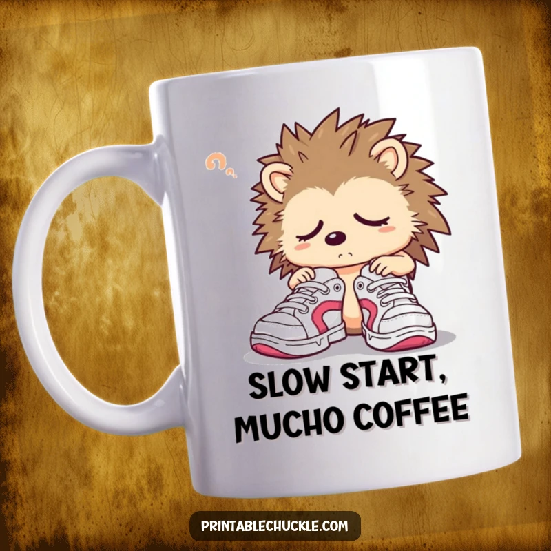 Funny hedgehog mug showing a sleepy character confusedly trying on oversized sneakers, perfect for coffee lovers.