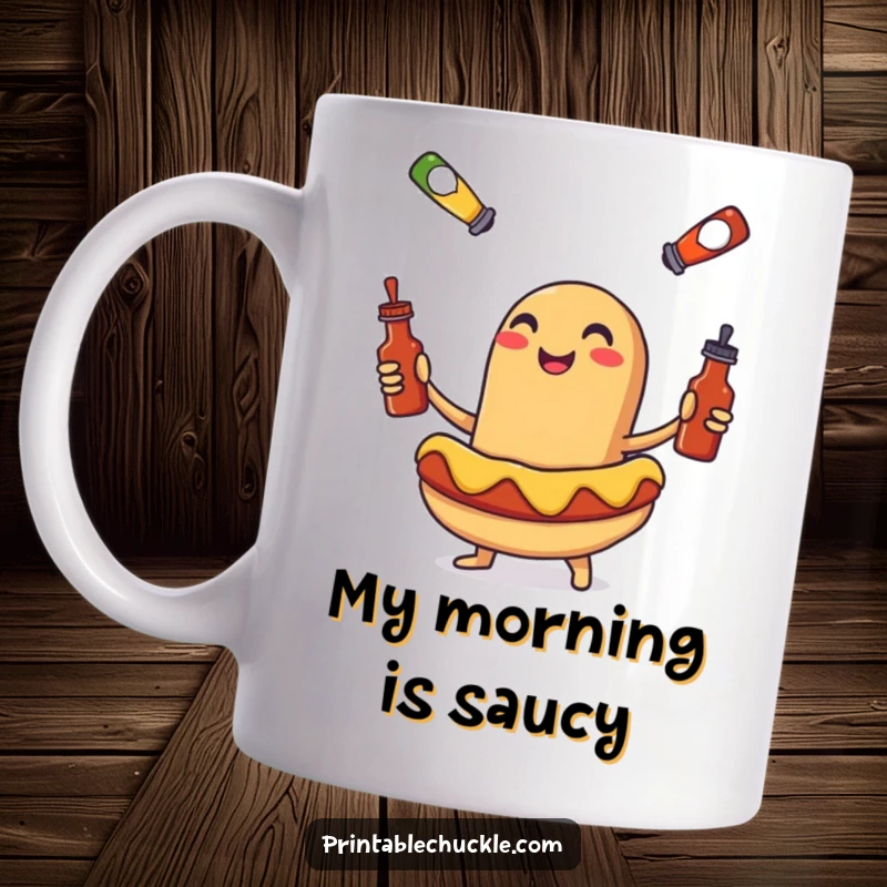 Funny mug with a smiling hot dog juggling tiny ketchup and mustard bottles, a comical and delightful foodie gift.