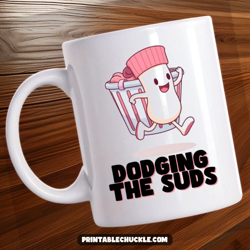 Funny mug depicting a sock with legs running away from a laundry basket, symbolizing laundry escape.