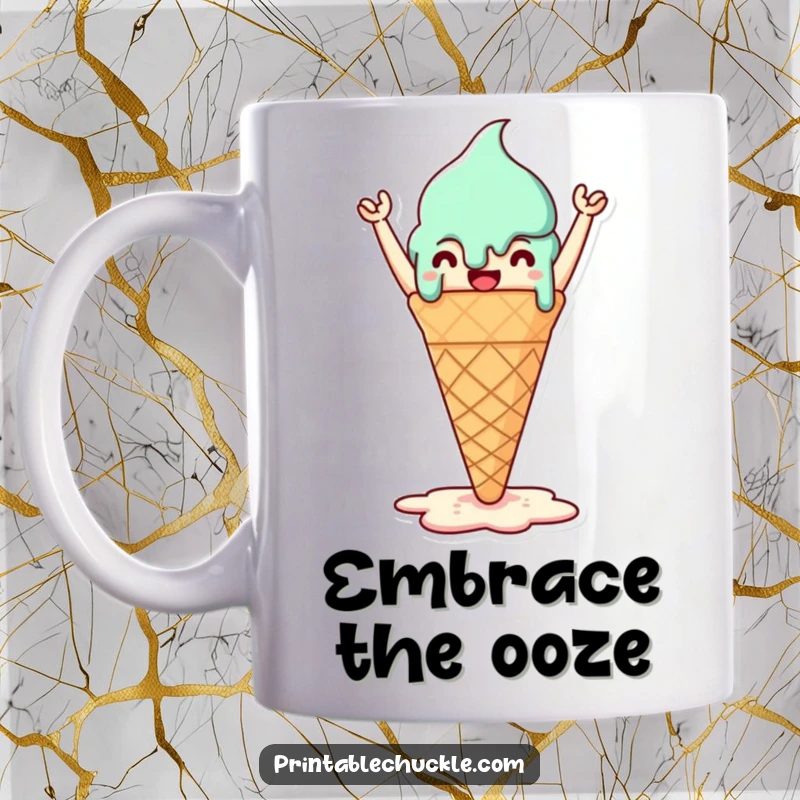 Funny mug featuring a triumphant, melted ice cream cone celebrating its gooey goodness, pure summer joy.