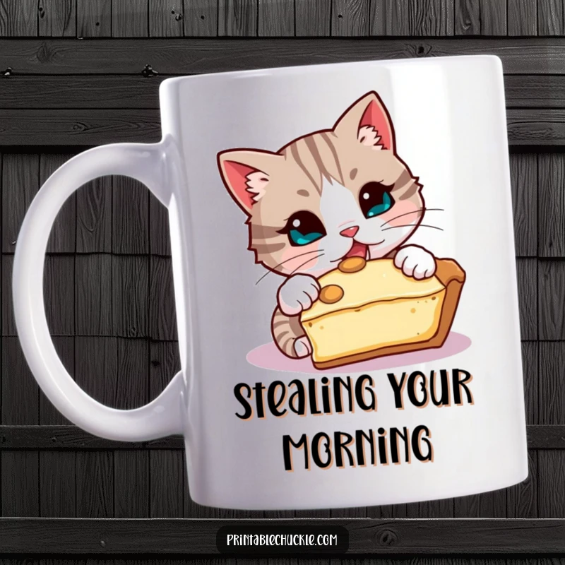 Funny mug featuring a mischievous cat stealthily stealing a slice of pie, perfect funny gift for cat lovers.