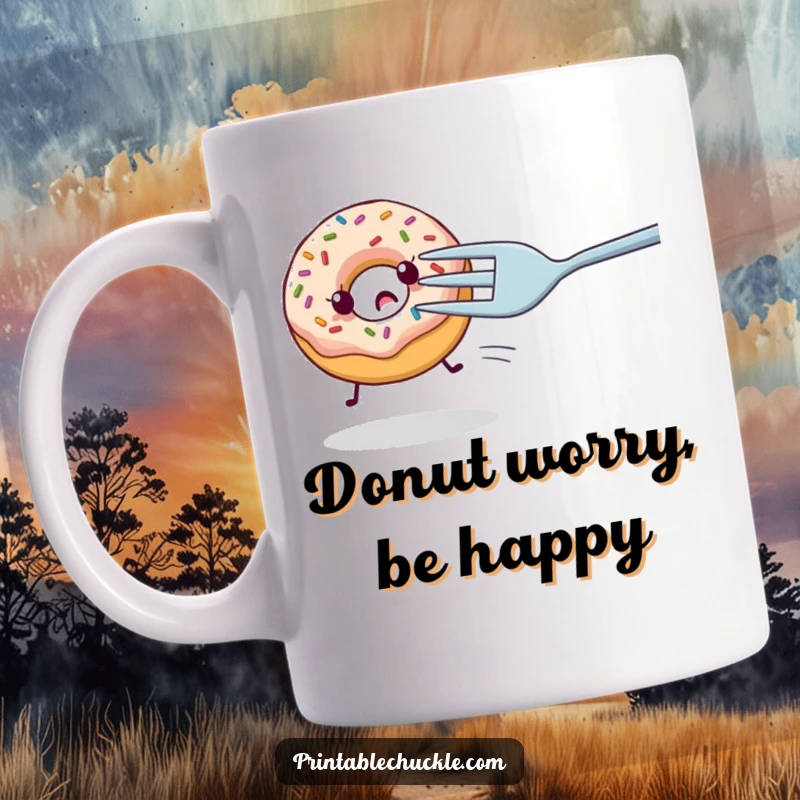 Funny mug with a nervous donut with sprinkles being chased by a giant fork, a comical and relatable food humor gift.