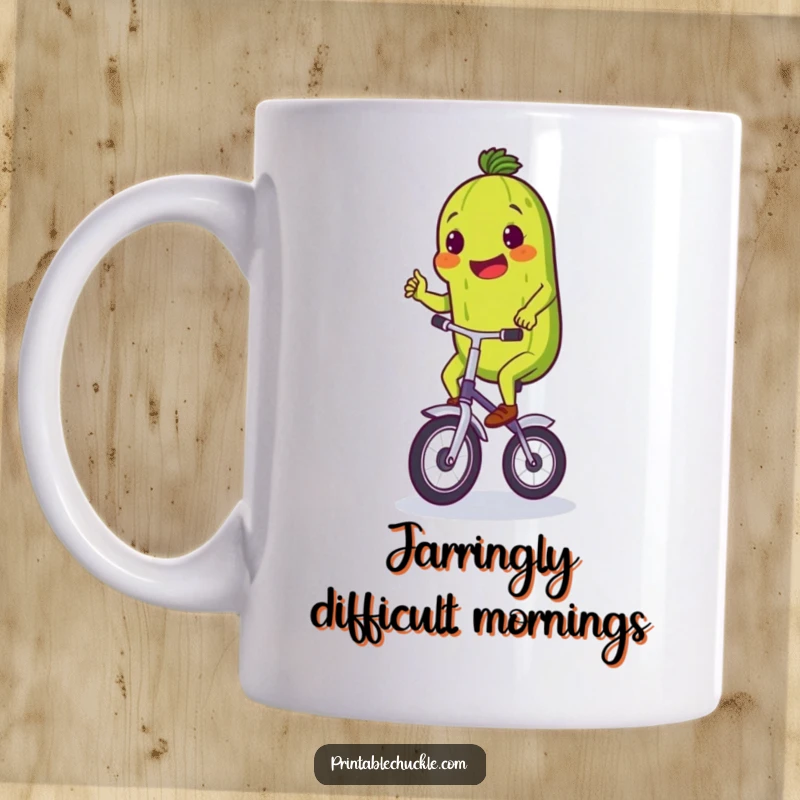 Funny mug featuring a determined pickle struggling to ride a tiny unicycle, showcasing comical effort and determination.