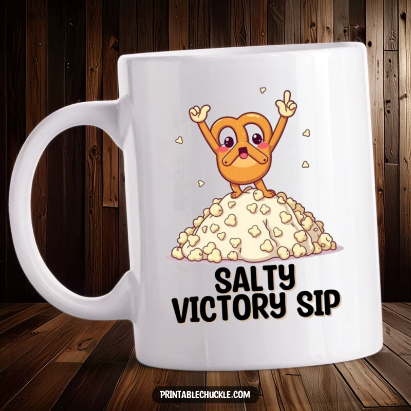 Funny mug featuring a triumphant pretzel character striking a victory pose atop a mountain of fluffy popcorn.