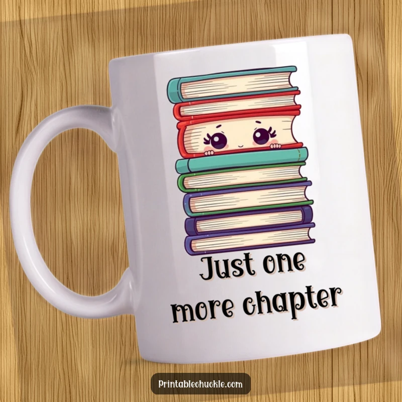 Funny mug showcasing a shy book with wide eyes peeking curiously from behind a massive stack of literature.
