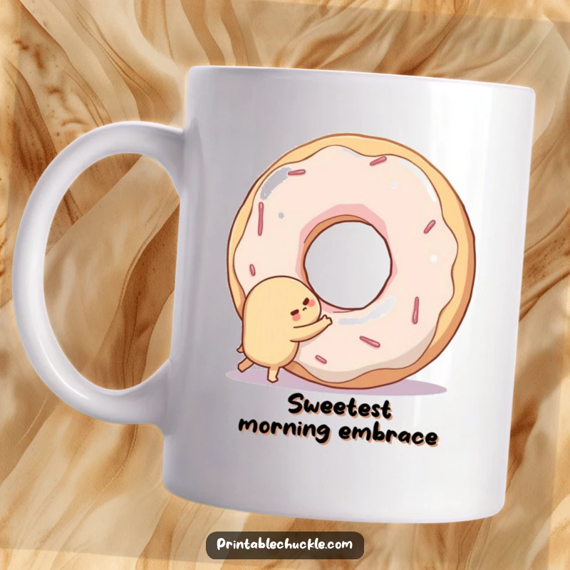 Funny mug showing a small, shy donut attempting to hug a large, smiling doughnut hole with affection.