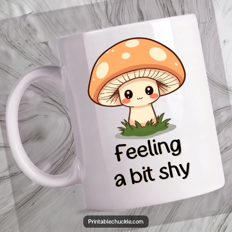 Funny mug featuring a shy mushroom hiding under a large, quirky hat, evoking sweet introversion.