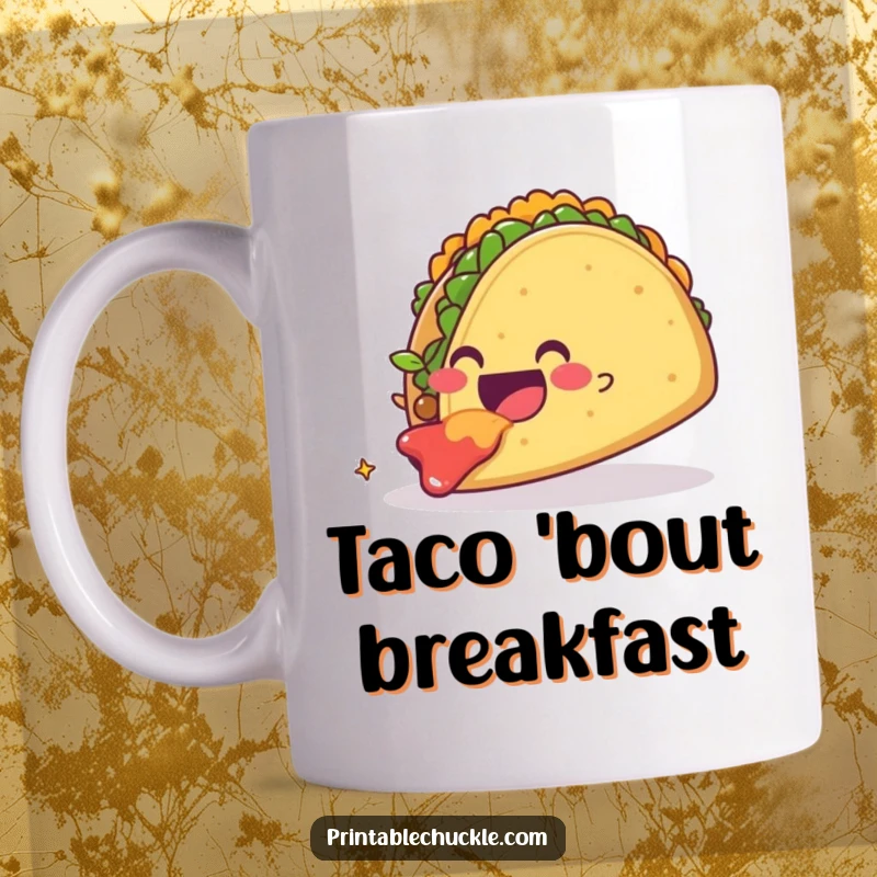Funny smiling taco character gleefully devouring a huge, floating taco, representing ultimate taco happiness. A delicious and funny mug.