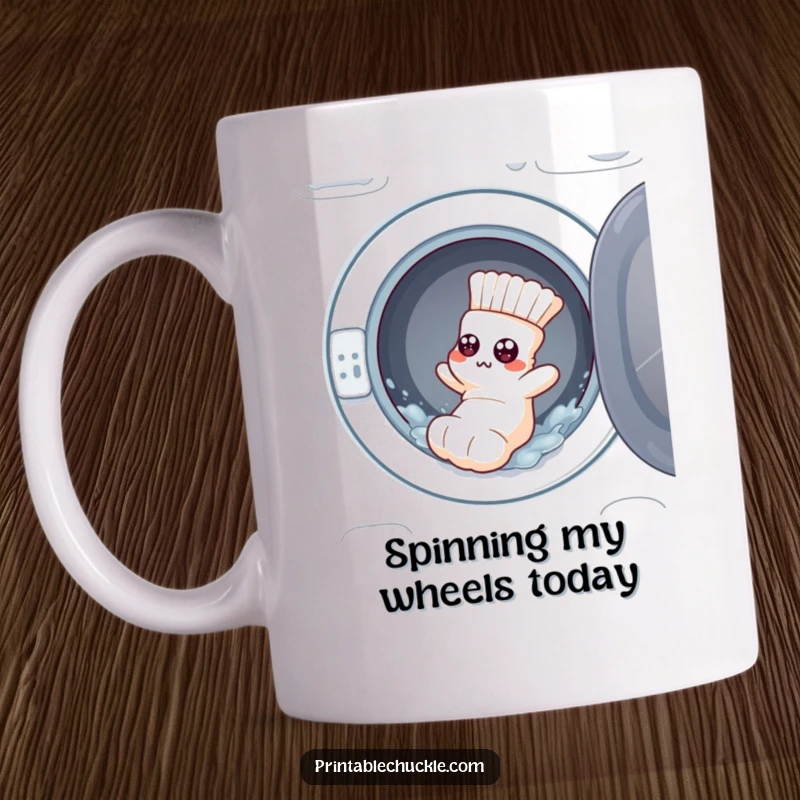 Funny mug: a flustered sock with googly eyes tumbling from a washing machine, representing laundry chaos.